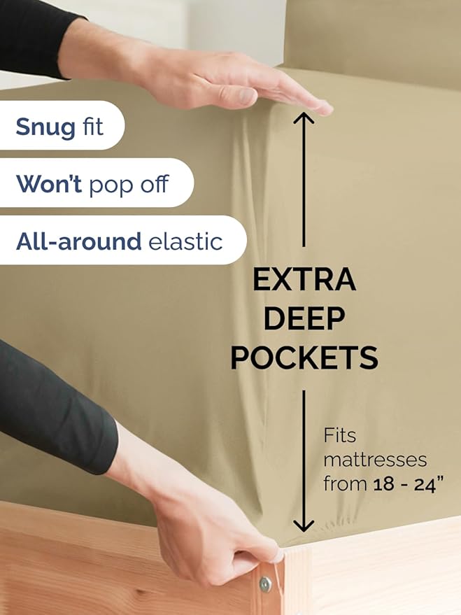 Extra Deep Queen Sheet Set - 6 Piece Breathable and Cooling Sheets - Hotel Luxury Bed Sheets Set - Easy & Secure Fit - Soft, Wrinkle Free and Comfy Sheets Set - Beige Sheet Set with Extra Deep Pockets