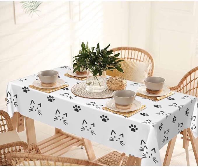 Cat Faces and Paws Rectangular Tablecloth Cartoon Cute Footprint 52x70 Table - Image 7
