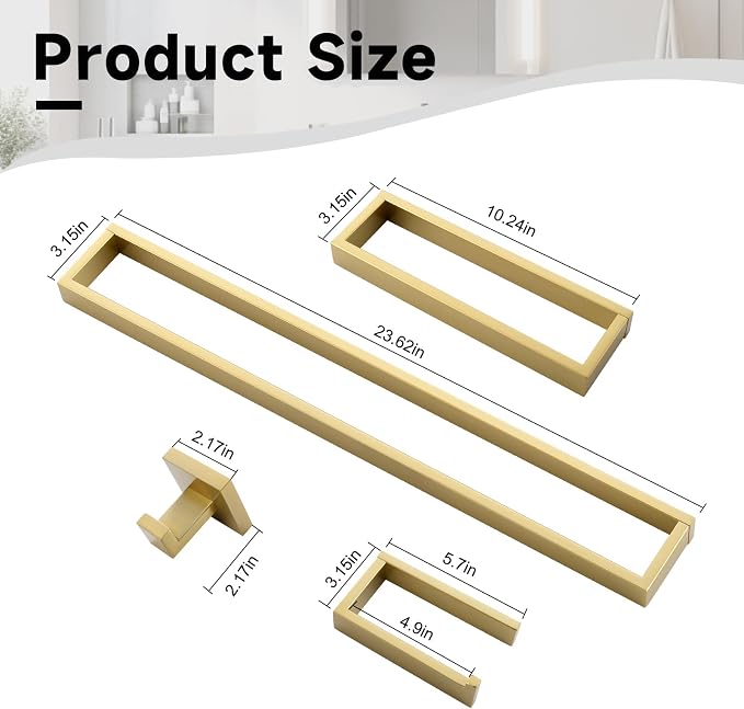TNOMS Brushed Gold 5-Pieces Bathroom Hardware Set Towel Bar Set, Stainless - Image 6
