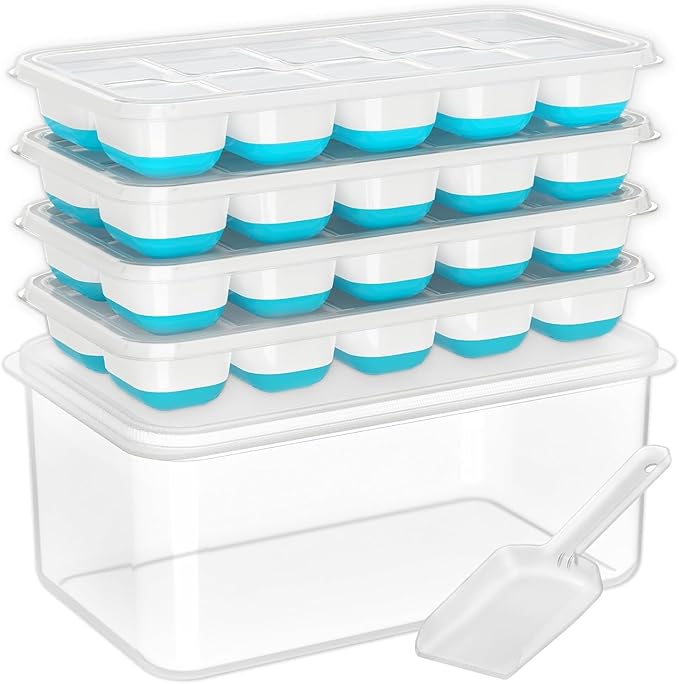DOQAUS Ice Cube Tray with Lid and Bin, 4 Pack Silicone Plastic Ice Cubes Trays by DOQAUS