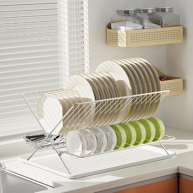 Dish Drying Rack with Drip Tray, 3 Tier Collapsible Stainless Steel Dish Drainer by TABABAO