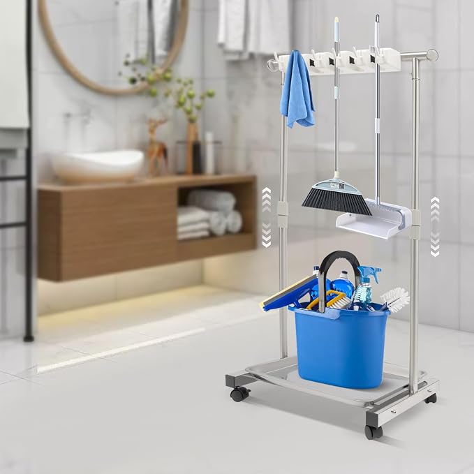 Broom Holder, Broom Rack Mop Rack Stand Cart, Stainless Steel Movable Floor - Image 2