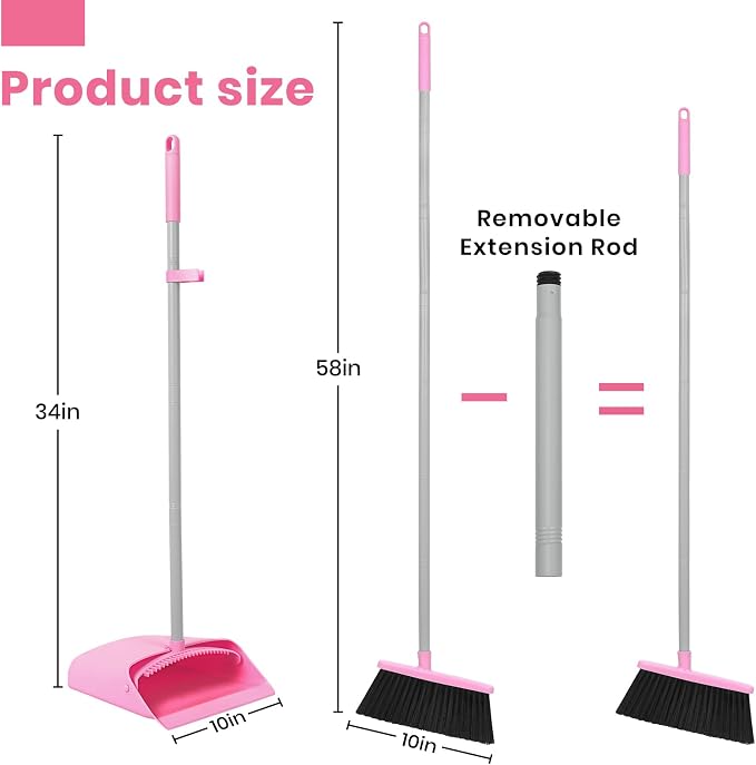 Pink Broom and Dustpan Set, 58” Long Adjustable Handle Small Broom - Image 4