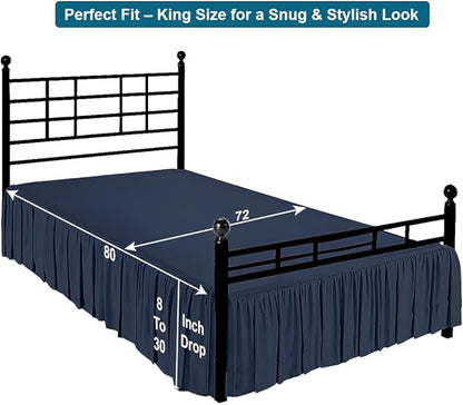 Shreem Linen Ruffled Bed Skirt with Split Corners, Gathered Style, 100% Microfiber, 24-Inch Drop, Dust Ruffle Bedskirt with Platform, King, Navy Blue