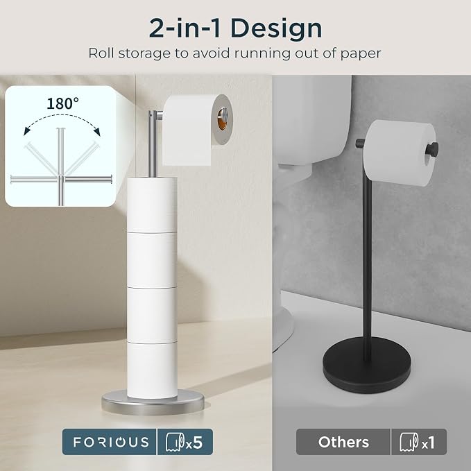 FORIOUS Toilet Paper Holder Stand Adjustable, Stainless Steel Freestanding - Image 5