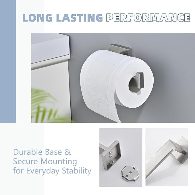 3PCS Bathroom Hardware Set, Brushed Nickel Toilet Paper Holder, 2 Square Towel - Image 6