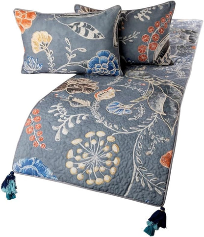 The HomeCentric Blue Bed Runner, Twin Size 53"x18" Decorative Bed Runner with Matching Pillow Cover, Blue Linen Bed Scarf in Quilted Peacock, Linen & Jute Embroidery - Peacock Willow