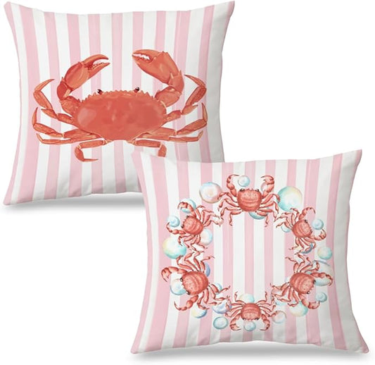 Coastal Red Crab Pillow Covers 18x18 Set of 2, Nautical Coastal Red Crab Bubbles Pink White Striped Throw Pillow Covers for Beach House Home, Preppy Beach Room Decor