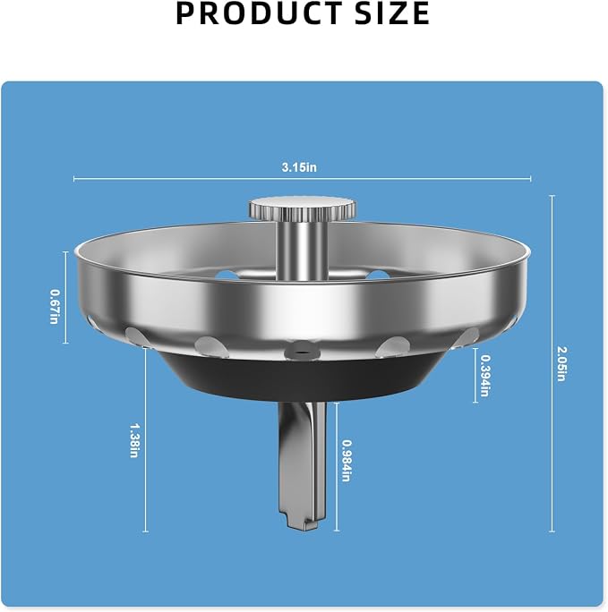 Kitchen Sink Strainer Basket, Stainless Steel, 3-1/2 Inch Drain Stopper Combo - Image 6