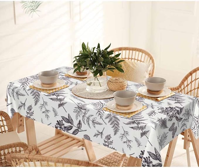 Vintage Floral Table Cloth Rectangle Table Black White Leaves of Ferns Berry by Unknown