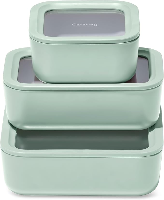 Caraway 3pc Glass Food Storage Set – 10 Cup, 6.6 Cup, & 4.4 Cup Food Containers by Caraway
