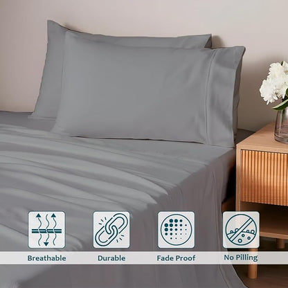 Full Size Bed Sheets Set - Luxury 338 Thread Count 100% Egyptian Cotton Sateen, Cooling Sheets, Deep Pockets with All Around Elastic for a, Hotel Quality Bedding Set (Light Grey Solid)
