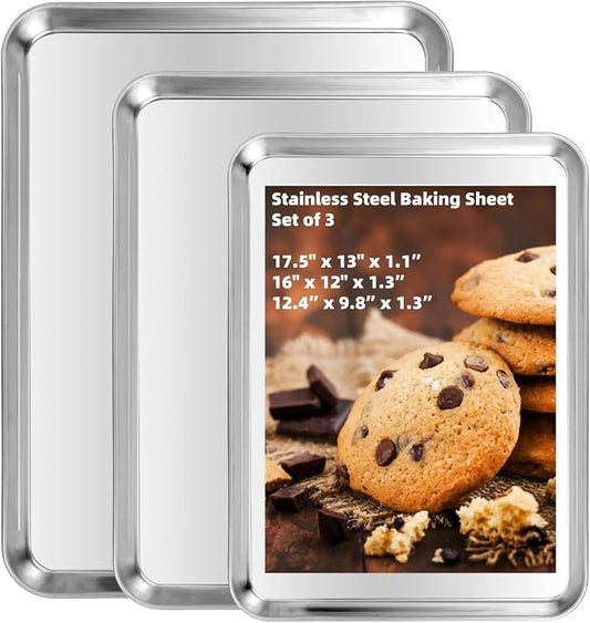 Baking Sheet Set of 3, Heavy-Duty Stainless-Steel Baking Pans, Cookie Sheets by Kichwit