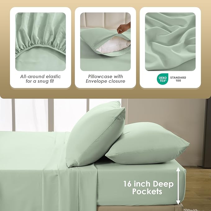 Breathable Cooling Full Sheet Set - Hotel Luxury 4 Piece Deep Pocket Sheets for Full Size Bed, Fits 16" Mattress, Easy Care Wrinkle Free Bedding Sheet and Pillowcase Set, Sage Green