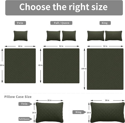 Easy-Going Twin Size Reversible Quilt Set with 1 Quilt and 1 Pillow Sham, Soft Bed Quilt Cover, Water Resistant Lightweight Microfiber Bedspread, Stain Resistant, Army Green/Beige