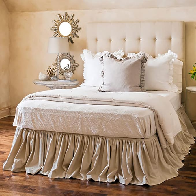 Simple&Opulence Belgian Linen Bed Skirt with Classic 14 inch Tailored Drop Dust Ruffle, Easy Fit Breathable Premium Natural Flax- Pleated Linen, Queen