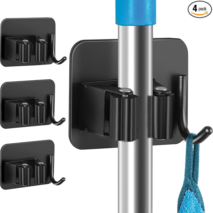 4 Pack Anti-Slip Broom Holder, Space-Saving, Damage-Free Wall Mount, Stainless by DOMAXCAI