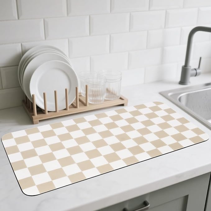 Checkered Dish Drying Mat for Kitchen Counter, Absorbent Non-Slip Coffee Mat by CooRug