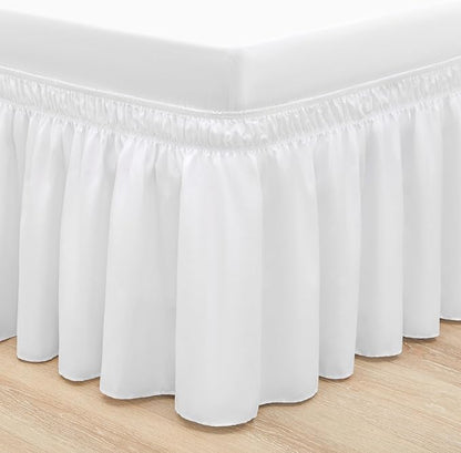 RIMELA White Bed Skirt Queen Size 12 Inch Drop, Elastic Bed Skirting for Bed Base and Frame, Bedding Dust Ruffle Easy to Install, Lightweight Wrap Around Adjustable Bedskirt