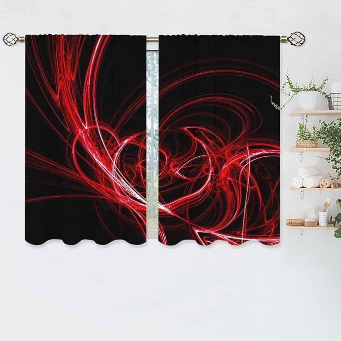 Red Circle Kitchen Curtains Abstract Red Circles Lines Black Mystical Short - Image 5