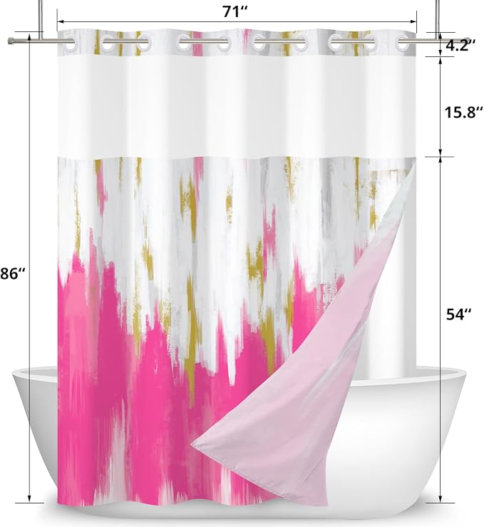 No Hook Shower Curtain with Snap in Liner, Hotel Style Hot Pink White Gold - Image 6