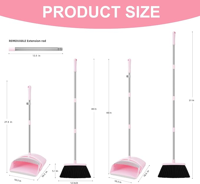 Pink Broom and Dustpan Set, 52” Long Adjustable Handle Broom - Image 3