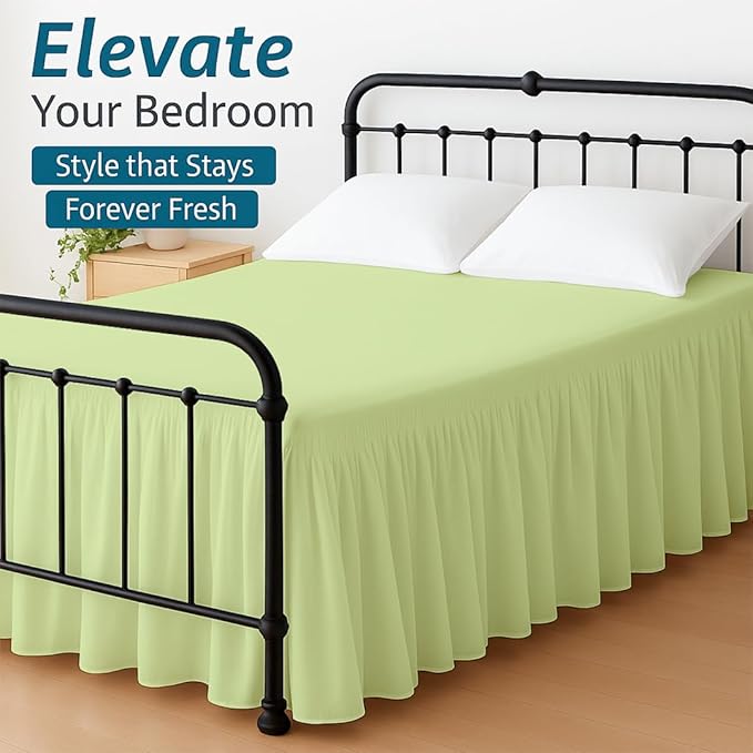 Shreem Linen Ruffled Bed Skirt with Split Corners, Gathered Style, 100% Microfiber, 10-Inch Drop, Dust Ruffle Bedskirt with Platform, Queen-XL, Sage