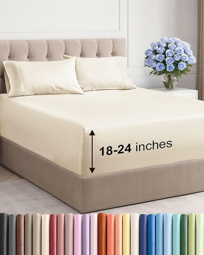 Extra Deep Pocket Cal King Sheets - 4 Piece Breathable & Cooling Bed Sheets - Hotel Luxury Bed Sheet Set - Soft, Wrinkle Free & Comfy - Easily Fits Extra Deep Mattresses - Deep Pocket Off White Sheets