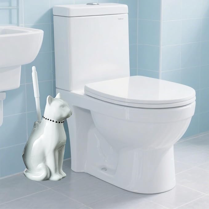 Comeon Ceramic Cat White/Black Toilet Brush and Holder Set, Plastic Handled - Image 2