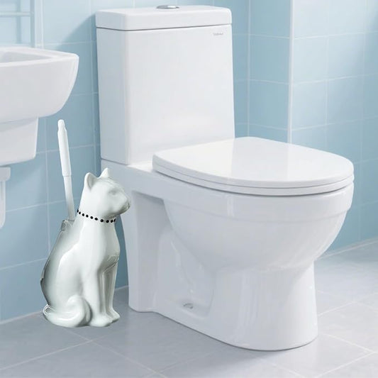 Comeon Ceramic Cat White/Black Toilet Brush and Holder Set, Plastic Handled - Image 2