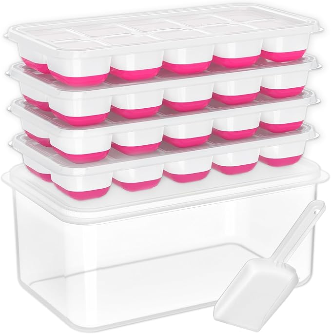 DOQAUS Ice Cube Tray with Lid and Bin, 4 Pack Silicone Plastic Ice Cubes Trays by DOQAUS