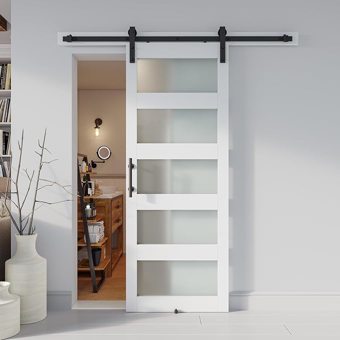 34'' x 84'' Glass Barn Door and 6 Ft Hardware Kit Included, MDF White Barn Door - Image 6
