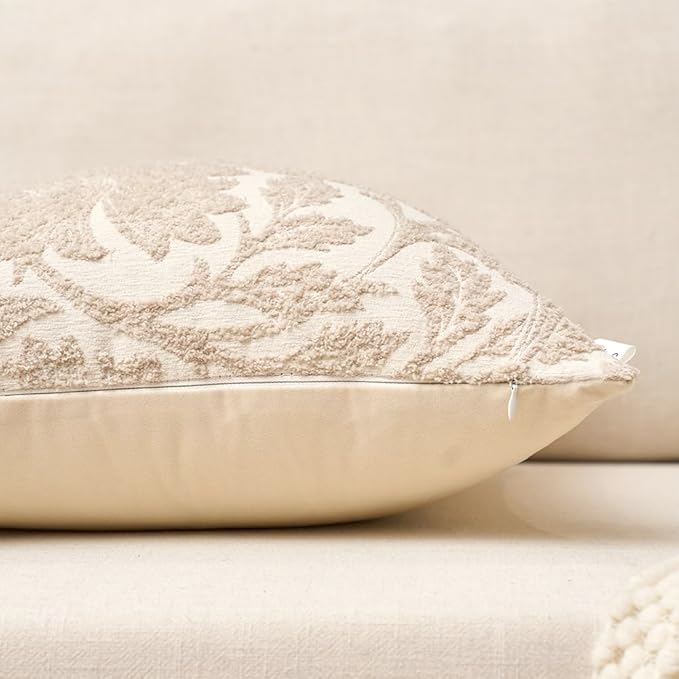 Yangest Chenille Floral Pillow Cover 18 x18 Inches, Neutral Jacquard Square Throw Pillow Cover Soft Decorative Nature Accent Couch Pillow Cover for Living Room Bedroom, Beige
