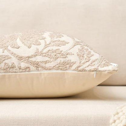Yangest Chenille Floral Pillow Cover 18 x18 Inches, Neutral Jacquard Square Throw Pillow Cover Soft Decorative Nature Accent Couch Pillow Cover for Living Room Bedroom, Beige