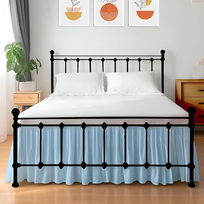 Shreem Linen Ruffled Bed Skirt with Split Corners, Gathered Style, 100% Microfiber, 10-Inch Drop, Dust Ruffle Bedskirt with Platform, Queen-XL, Light Blue