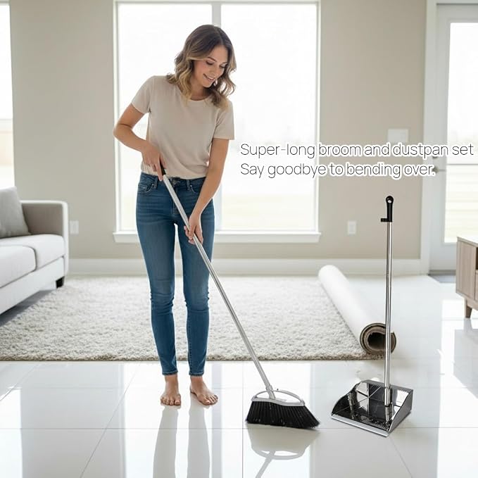 Indoor Broom and Dustpan Comb Set, Heavy Duty Stainless Steel Metal Dust Pan - Image 7
