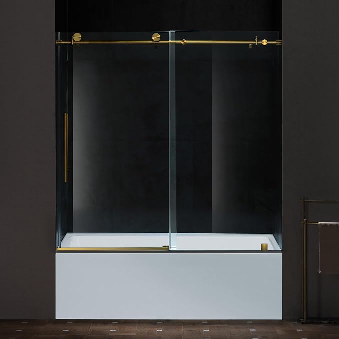 Woodbridge Frameless Single Sliding Shower Doors in Brushed Gold Finish by WOODBRIDGE
