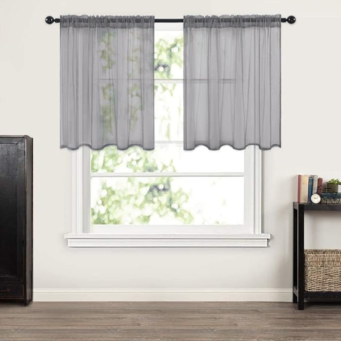 MIULEE 2 Panels Kitchen Tiers Half Window Sheer Curtains Rod Pocket Voile Drapes for Kitchen Bathroom Small Windows 29 by 24 Inch Charcoal Grey