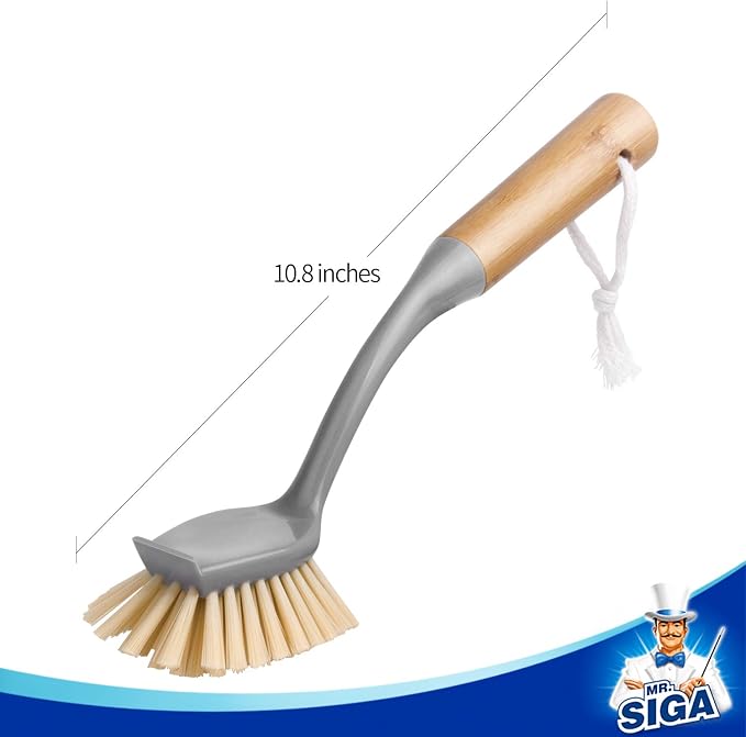 MR.SIGA Dish Brush with Long Bamboo Handle Built-in Scraper, Scrub Brush - Image 7