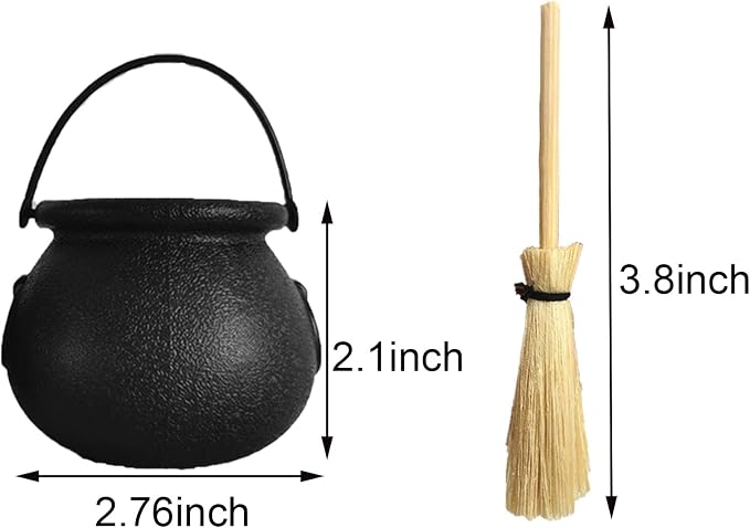 Mini Plastic Cauldron and Mini Broom Halloween Decorations Witch Pot Black - Image 2