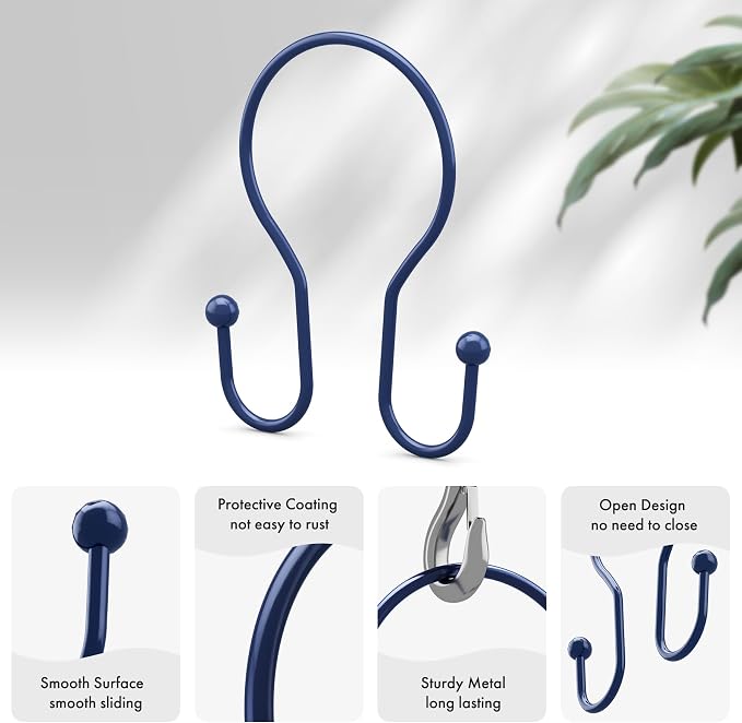 AmazerBath Shower Curtain Hooks Blue Shower Curtain Rings, Simple Double Hook - Image 2