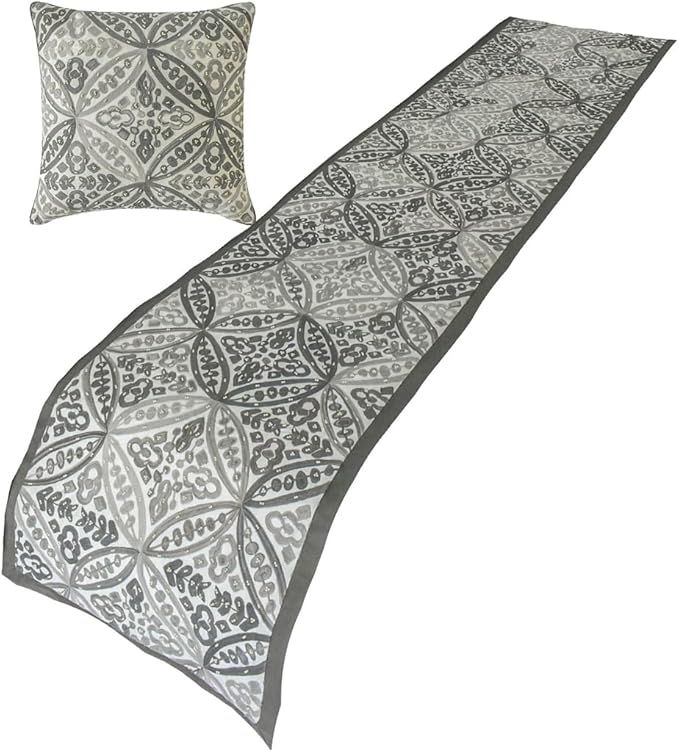 The HomeCentric King/Queen/Twin Gray Designer King 90"x18" Bed Runner Without Pillow Cover, Moroccan, Pearl, Geometric & Embroidered Bed Scarf on Embroidered Fabric - Meryem
