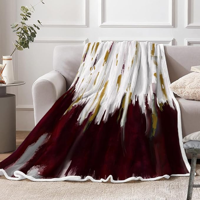 Abstract Ombre Throw Blankets, Modren Chic Art Oil Painting Cozy Warm Bed Couch Blanket, Burgundy Gold White Fleece Flannel Throws to Decorate The Room and Bedroom