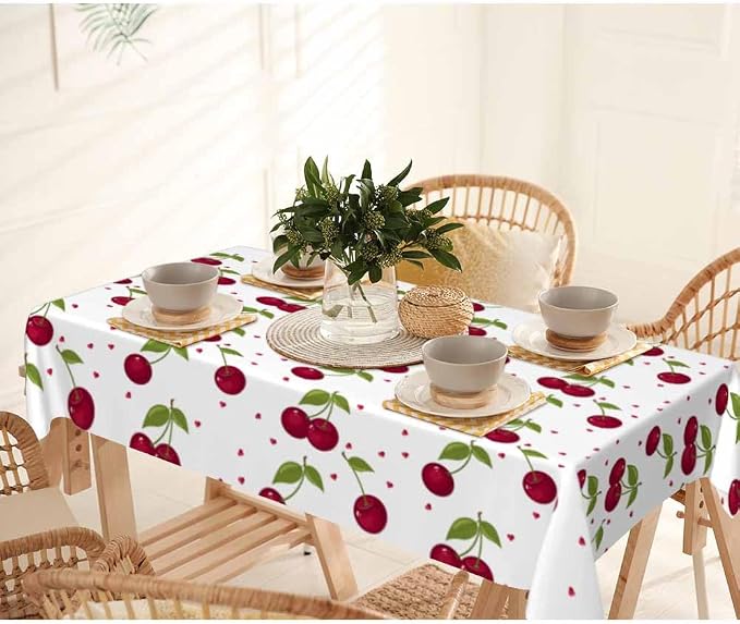 Red Cherry Table Cloth Rectangle Table Sweet Red Ripe Cherries Green Leaves - Image 7