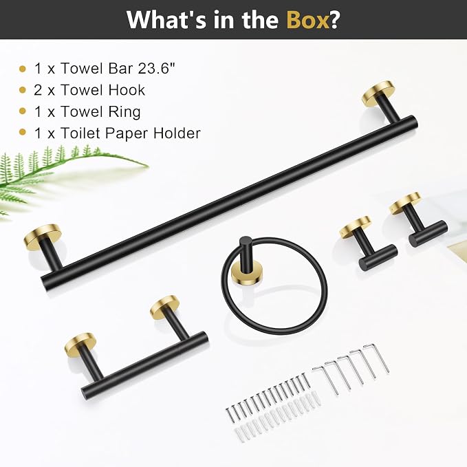 TQKAG Black and Gold 5 Piece Bathroom Hardware Accessories Set 23.6" SUS304 - Image 8