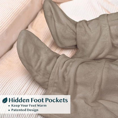 PAVILIA Fleece Blanket with Sleeves, Foot Pockets for Women Men Adults, Plush Wearable Blanket Throw Wrap, Warm Snuggle Blanket Robe, Cozy Gift Ideas Wife Mom, Taupe Beige