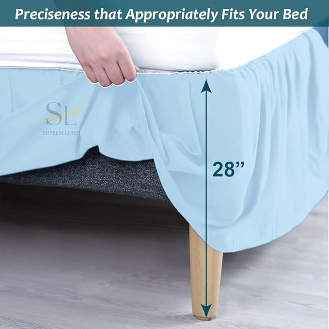 Shreem Linen Ruffled Bed Skirt with Split Corners, Gathered Style, 100% Microfiber, 28-Inch Drop, Dust Ruffle Bedskirt with Platform, Short Queen, Light Blue