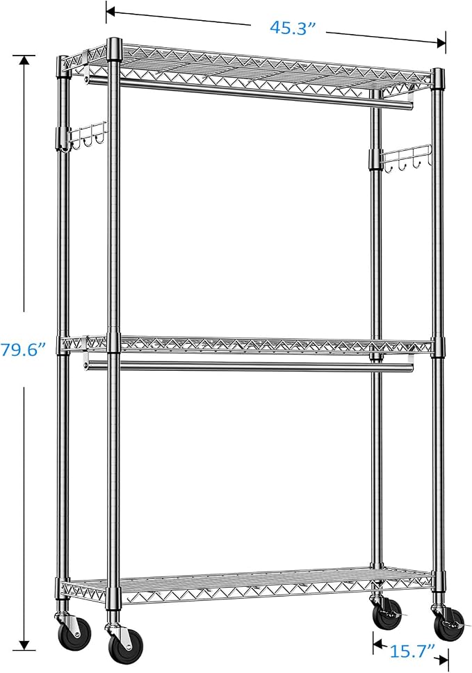 IZEUK 3-Tier Heavy Duty Rolling Garment Rack, Chrome Metal Freestanding Closet - Image 2