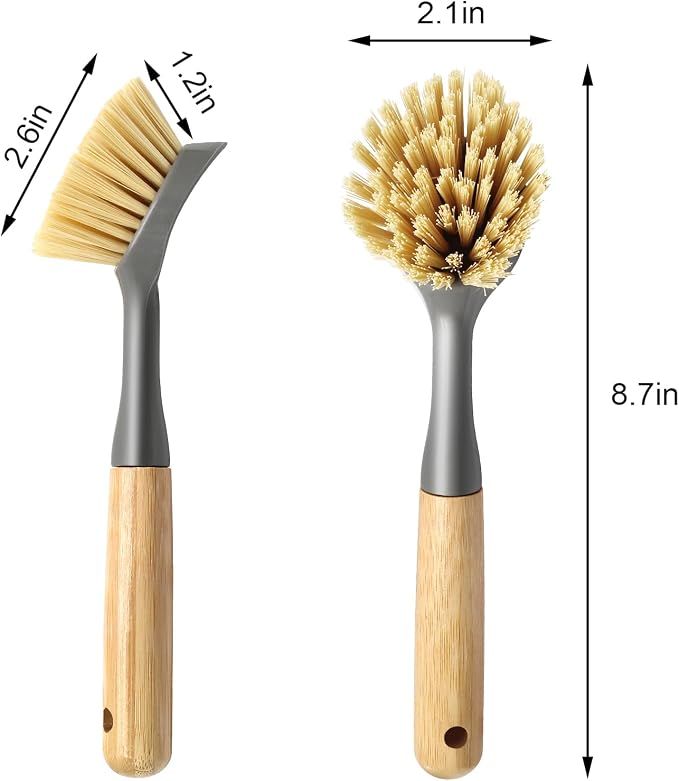 2 Pcs Kitchen Scrub Brush with Bamboo Handle, Dishwashing Brush Built-in Scraper - Image 2
