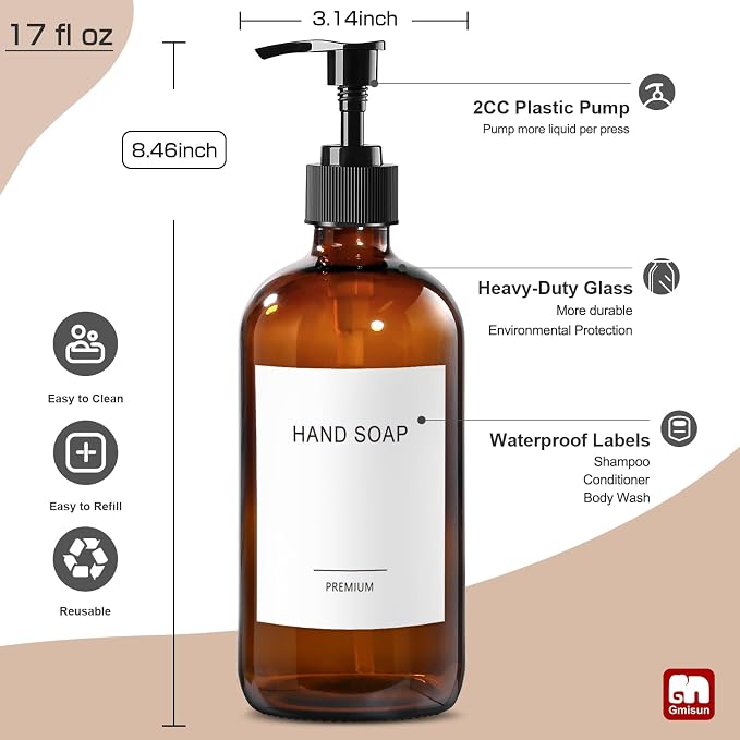 GMISUN Amber Glass Soap Dispenser, 2 Pack Bathroom Hand Soap Dispensers - Image 3